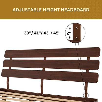 Bme Caden King Size Bed Frame and Adjustable Headboard, 15 Inch Mid Century Retro Style - Solid Acacia Wood - No Box Spring Needed - 12 Strong Wood Slat Support - Easy Assembly - Walnut