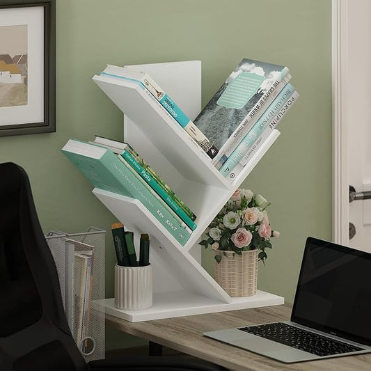 Furinno Tree Book Shelf, 3-Tier Bookshelf with Angled Open Shelf, Tree Bookcase for Room Decor, 8.4 x 15.7 x 21.3, for Organization and Storage, for Living Room, Bedroom, Home Office, White