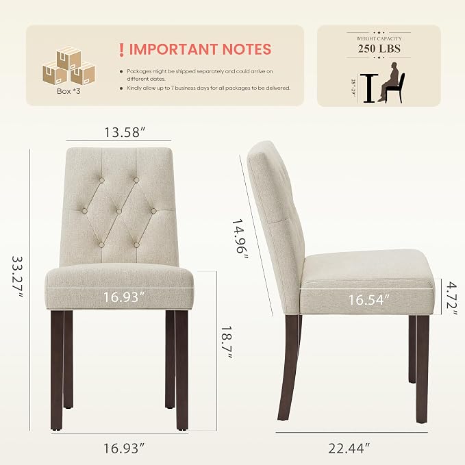 Upholstered Dining Chairs Set of 6, Modern Fabric Dining Chairs with Tufted Design, Kitchen Side Chairs, Farmhouse Dinner Chair with Wood Legs for Kitchen Restaurant Living Room, Beige