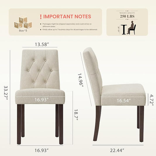 Upholstered Dining Chairs Set of 6, Modern Fabric Dining Chairs with Tufted Design, Kitchen Side Chairs, Farmhouse Dinner Chair with Wood Legs for Kitchen Restaurant Living Room, Beige