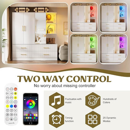 PAKASEPT 3 Door Armoire Wardrobe Closet, 70.87" H Bedroom Armoires with Drawers, Mirror, LED Light, Hanging Rod, Side Hooks, Large Capacity Storage Wardrobe Armoire for Bedroom