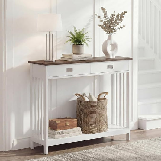 ChooChoo 47" Farmhouse Entryway Table with Drawer, Narrow Console Table with Storage Shelf, Sofa Table for Living Room, Entryway, and Hallway, White and Brown