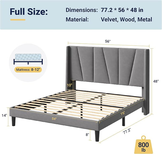 Allewie Full Size Platform Velvet Bed Frame with Geometric Wingback Headboard, Boho Upholstered Bed with Wooden Slats Support, No Box Spring Needed, Easy Assembly, Light Grey
