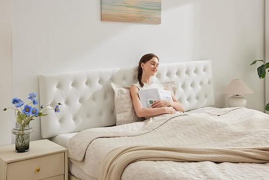 Tufted Upholstered Queen Size Bed Headboard in Modern Button Design, Adjustable Solid Wood Head Board, Premium Velvet Fabric Padded Headboards in Bedroom (White)