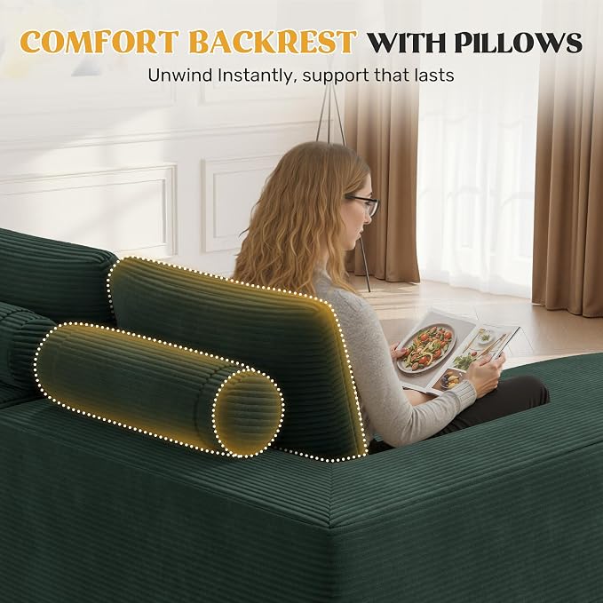 112" Modern Curved Cloud Couch, Boneless Couches for Living Room with Deep Seat, Memory Foam Compressed Modular Sectional Sofa, No Assembly Required,Green 1 PCS