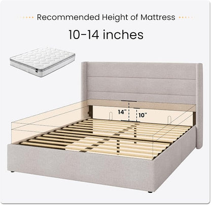 SHA CERLIN Full Size Lift Up Storage Bed/Modern Wingback Headboard/Upholstered Platform Bed Frame/Hydraulic Storage/No Box Spring Needed/Wood Slats Support/Light Beige