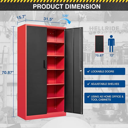 Fesbos Metal Storage Cabinet-71” Tall Steel File Cabinets with Lockable Doors and Adjustable Shelves-Black&Red Steel Storage Cabinet for Home, School, Office, Garage
