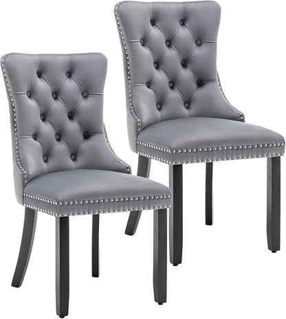 Mid Century Modern Dining Chair Set of 2 Velvet Upholstered Dining Accent Chair Farmhouse Dining Chairs with High Back and Nailhead Trim for Kitchen, Living Room, Bedroom (Gray)