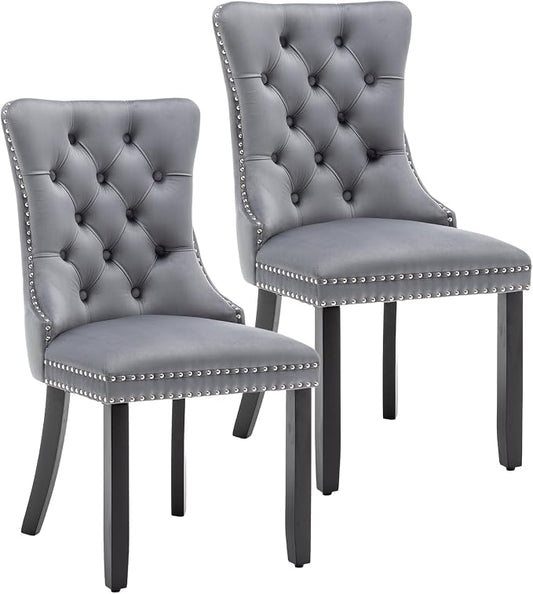 Mid Century Modern Dining Chair Set of 2 Velvet Upholstered Dining Accent Chair Farmhouse Dining Chairs with High Back and Nailhead Trim for Kitchen, Living Room, Bedroom (Gray)