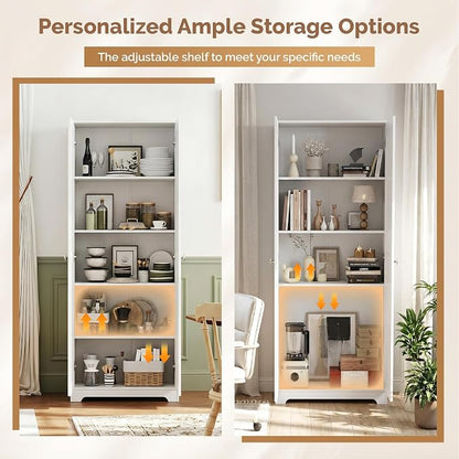 VINGLI 72" Tall Pantry Cabinet, Kitchen Pantry Storage Cabinet with 2 Doors & Adjustable Shelves, Freestanding Food Storage Cupboard for Kitchen, Dining Room, Utility Room, White