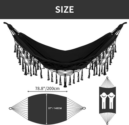 Bellzacasa Double Hammock, Heavy Duty 500 lb Load Capacity Tassels and Fishtail Knitting Portable Camping Hammocks with Mounting Straps for Outdoor Camping Patio Balcony Black