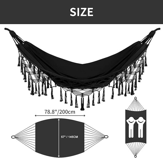 Bellzacasa Double Hammock, Heavy Duty 500 lb Load Capacity Tassels and Fishtail Knitting Portable Camping Hammocks with Mounting Straps for Outdoor Camping Patio Balcony Black