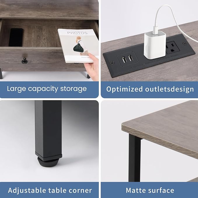 Edbuosy 3 Wooden Drawers Night Stand, 27 Inch Wide Nightstand Set 2 with Charging Station and Adjustable Drawers, Small Dresser for Closet, Bedside Table for Living Room/Bedroom/Office, Rustic Gray