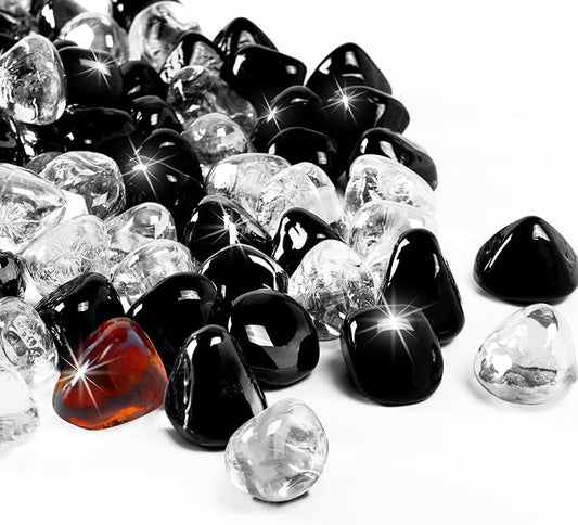 Blended Fire Glass Diamonds for Propane Firepit, Fireplace and Outdoor Decorative, 1 Inch Firepit Glass 10LB (Crystal Ice +Onyx Black + Amber)