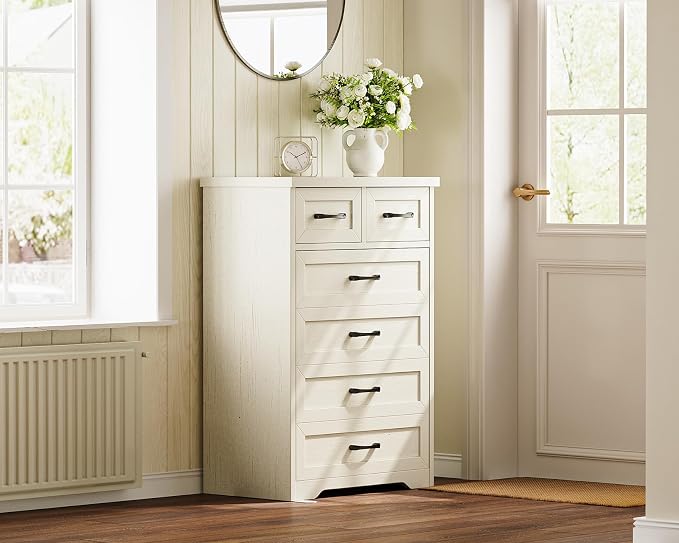 AODK Farmhouse Tall 6 Drawer Dresser for Bedroom, 5-Tier Vertical Storage Chest with Mixed Drawers, Engineered Wood Frame with Anti-Tip Safety, American Country Furniture, Vintage White