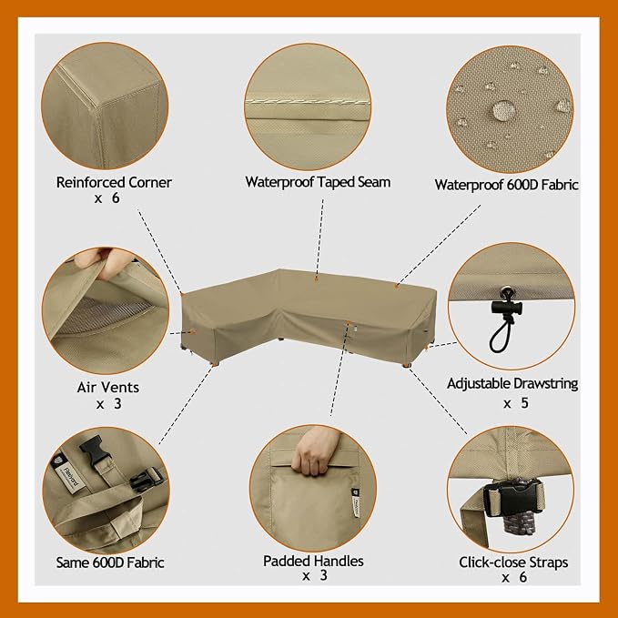 Heavy Duty Outdoor Sectional Sofa Cover, Waterproof 600D Patio Sectional Couch Covers, Lawn Patio Furniture Cover (Desert Khaki, 100"x130"(L-Shaped-Left Facing))
