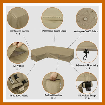 Heavy Duty Outdoor Sectional Sofa Cover, Waterproof 600D Patio Sectional Couch Covers, Lawn Patio Furniture Cover (Desert Khaki, 100"x130"(L-Shaped-Left Facing))