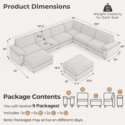 SITJOY Large Cloud Couch, 138" Wide 6 Seater V Shape, Light Gray Chenille | Detachable and Washable Chenille Cover Sectional Sofas for Living Room, Deep Seat Wide Couch with Chaise, Storage Ottoman