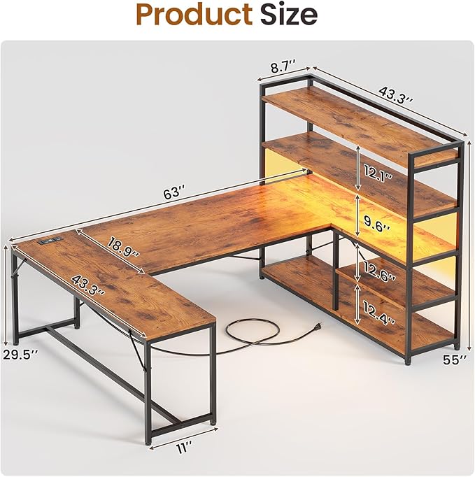 SEDETA L Shaped Desk with Storage Shelves, 63” Reversible U Shaped Office Desk, Gaming Desk with Power Outlet and LED Lights for Home Office, Rustic Brown