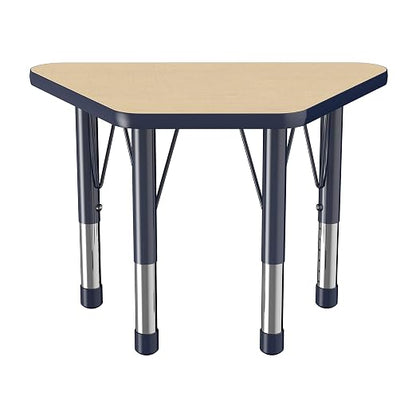 FDP Trapezoid Activity School and Classroom Kids Table (18 x 30 inch), Chunky Toddler Legs for Collaborative Seating Environments, Adjustable Height 15-24 inches - Maple Top and Navy Edge