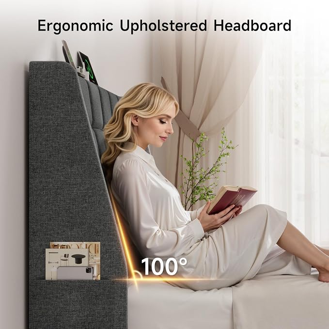 Ergonomic Upholstered Headboard Full Size w/Charging Station, Linen Wingback Headboards w/Storage Pocket, Full Headboard Only, Bed Frame Adapters, Sturdy Stable Solid Wood Bed Head Board, Dark Grey