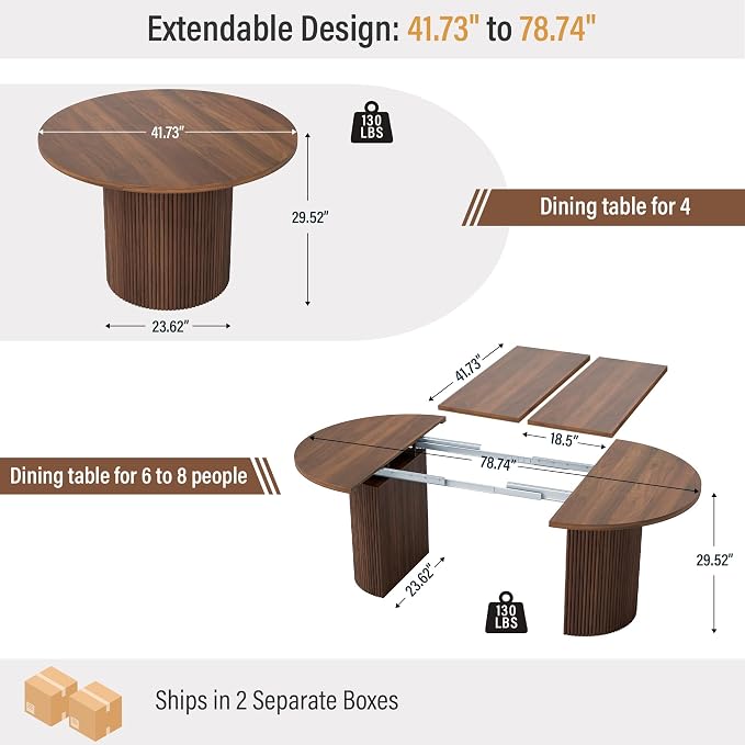 41 in-78 in Extendable Dining Room Table for 4-8, Round Expandable Kitchen Table with Fluted Base, Modern Farmhouse Oval Dinner Tables for Dining Room Kitchen Living Room (Walnut)