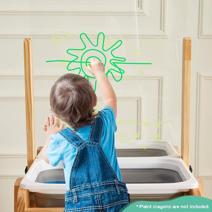 Kids Wooden Sensory Activity Table with 2 Collapsible Storage Bins, Acrylic Painting Board, Adjustable Height from 18-25”, Grow with Your Beloved.