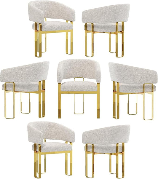 Boucle Dining Chairs Set of 7, White Barrel Dining Chairs with Arms and U-Shaped Mirrored Gold Legs, Modern Side Chairs for Dining Table, Kitchen and Dining Room Restaurant Recepition