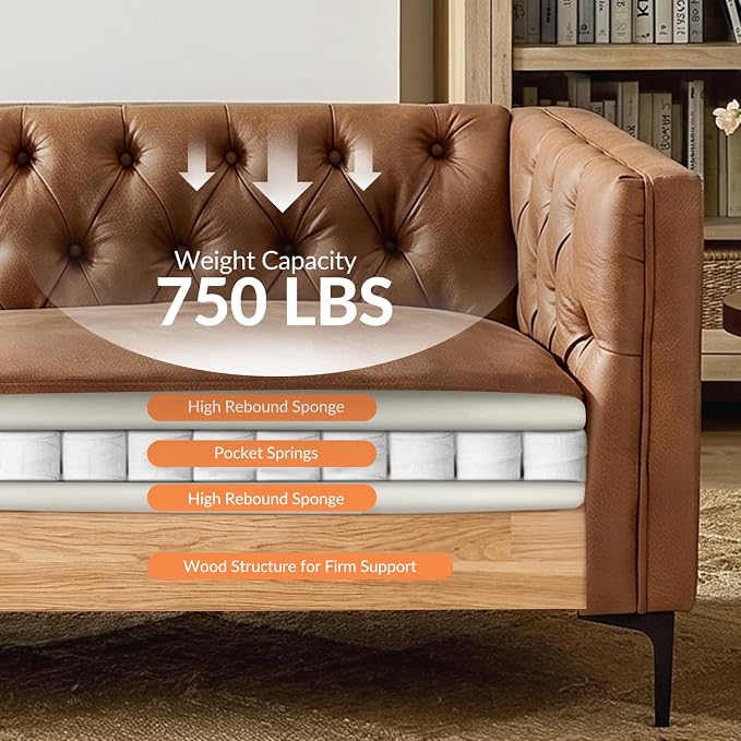 HULALA HOME 84" W Faux Leather Sofa Couch with Metal Legs, Button-Tufted 3-Seater Sofa, Mid Century Modern Upholstered Couch for Living Room, Entertainment Area, Apartment,Camel