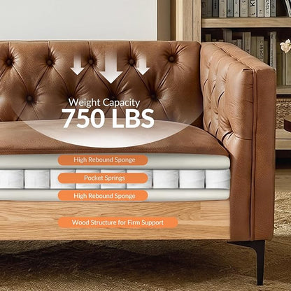 HULALA HOME 84" W Faux Leather Sofa Couch with Metal Legs, Button-Tufted 3-Seater Sofa, Mid Century Modern Upholstered Couch for Living Room, Entertainment Area, Apartment,Camel