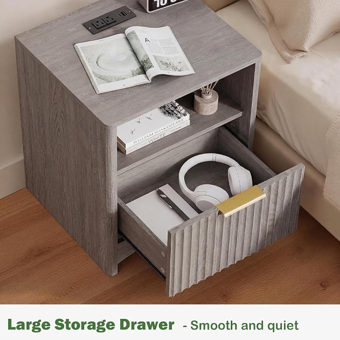 Marsail Fluted Nightstand Set of 2, Wooden Nightstands with Drawers, Modern Bedside Table with Charging Station and Storage, End Table with Storage Side Table for Bedroom, Grey