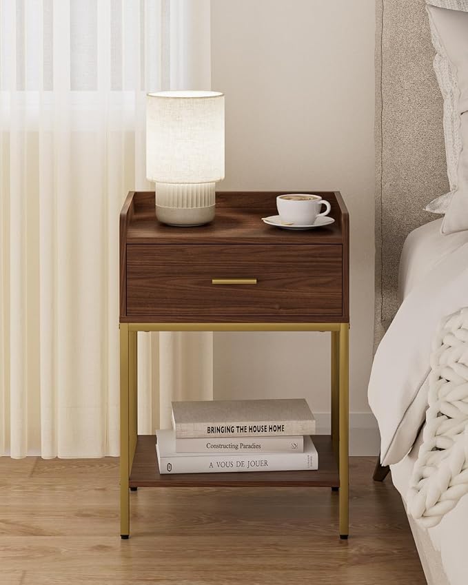 Masupu Nightstand, 3-Tier Modern Bedside Night Stand with Storage Drawer and Shelf, Small End Side Table for Bedroom, Living Room, Walnut
