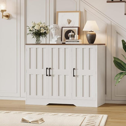 Modern Farmhouse Buffet Cabinet with Storage, 42" Large Sideboard Storage Cabinet with 3 Barn Doors, Coffee Liquor Bar Cabinet Wood Table Credenza with Adjustable Shelf for Kitchen Dining Living Room