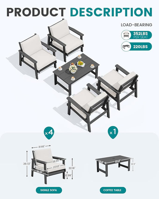 SERWALL Outdoor Patio Furniture Set, 5 Piece HDPE Patio Conversation Sets, All-Weather Wood-Like Outdoor Couch Loveseat and Coffee Table with Thick Cushions for Porch Balcony Garden Backyard