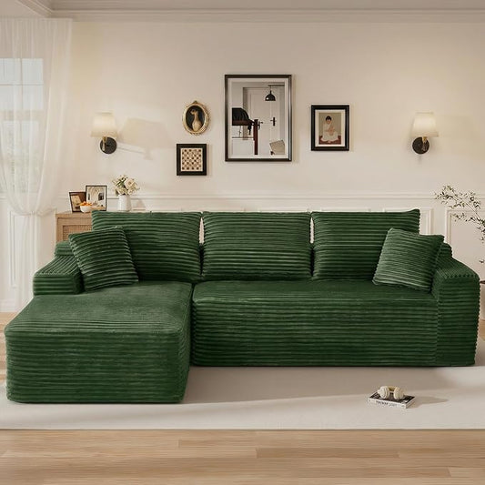 108" L Shaped Cloud Boneless Sectional Couches for Living Room, Modern Comfy Modular Deep Seat Memory Foam Compressed Corduroy Sofa Oversized Left Facing Chaise, No Assembly Required, Green