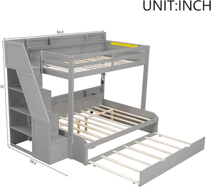 Twin Over Full Bunk Bed with Storage Staircase and Trundle,Storage Shelves, LED and USB,for Kids Teens Adults Bedroom Use (Grey-USB, Twin Over Full)