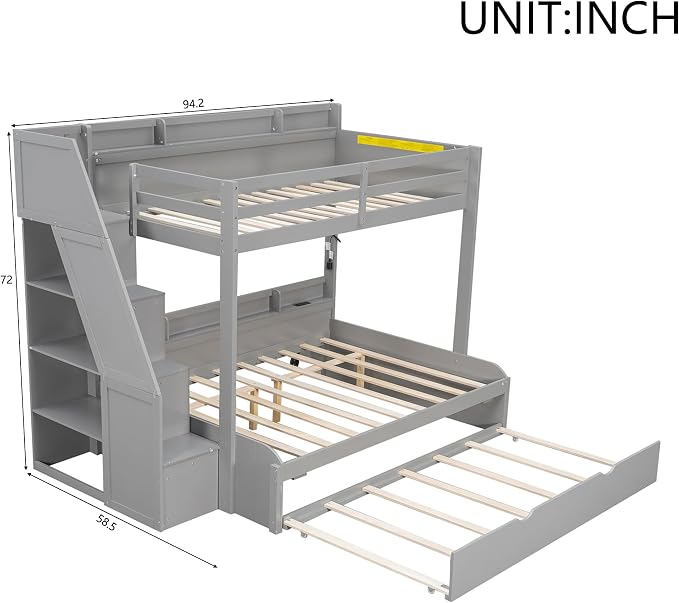 RUNNA Twin Over Full Bunk Bed with Trundle,Storage Stairs,USB Grey | Twin over full bunk bed with trundle, storage stairs, shelves, USB, solid pine wood, guardrails, no box spring needed