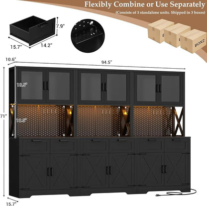 Unikito 94.5" Extra Wide Kitchen Pantry Cabinet with 3 Power Outlets & LED Light, 71" Tall Large Kitchen Hutch Cabinet with Countertop, DIY Pegboard with Hooks & Drawers, Farmhouse Food Pantry, Black