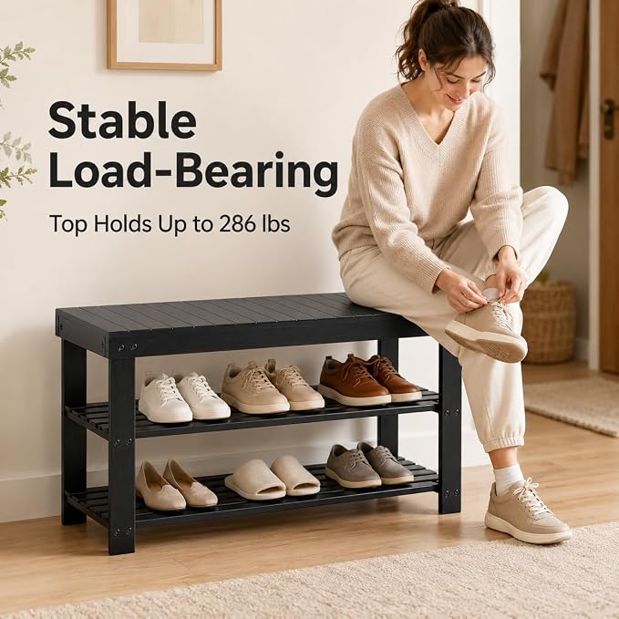 Shoe Rack Bench, 3-Tier Shoe Storage Organizer for Entryway , Shoe Shelf for Small Spaces, Multi-Functional Side Table Plant Stand, Shoe Stand for Bedroom, Living Room, Closet, Front Door, Black