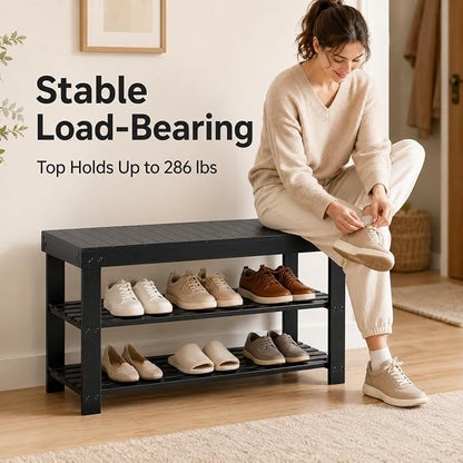 Shoe Rack Bench, 3-Tier Shoe Storage Organizer for Entryway , Shoe Shelf for Small Spaces, Multi-Functional Side Table Plant Stand, Shoe Stand for Bedroom, Living Room, Closet, Front Door, Black
