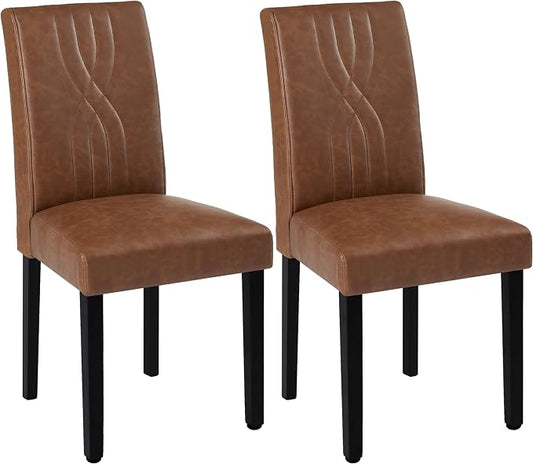 VECELO PU Leather Dining Chairs Set of 2, High Back Upholstered Parsons Chairs with Solid Wood Legs and Adjustable Foot Pads for Kitchen and Living Room, Brown