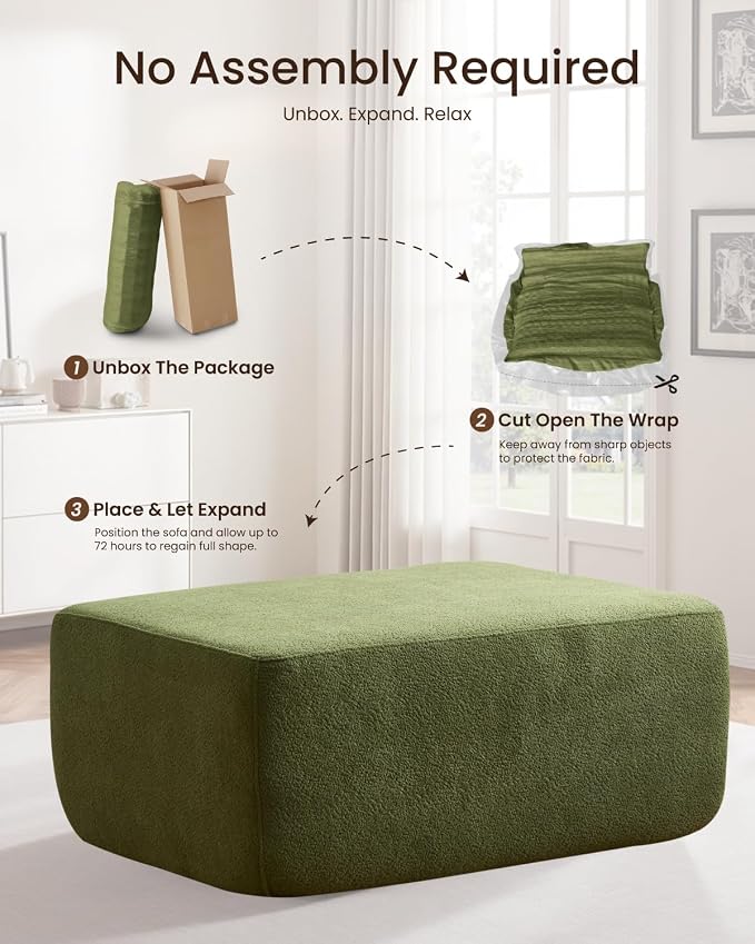 37" Plush Boneless Ottoman, Upholstered Cloud Footrest for Boneless Couch in a Box,Oversize Poufs for Living Room & Bedroom Sofa Ottoman,Comfy Seating with Dense Foam, Green (Cloud Velvet)