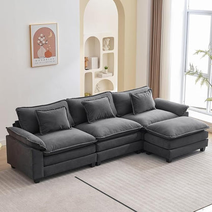 Oprisen 120" Modular Sectional Sofa, Comfy Cloud Couch Sectional Sofa with Ottoman, Velvet Sofa Sleeper Deep Seat Sofa with Throw Pillows for Living Room (Blue Gray, 120"- L Shape)
