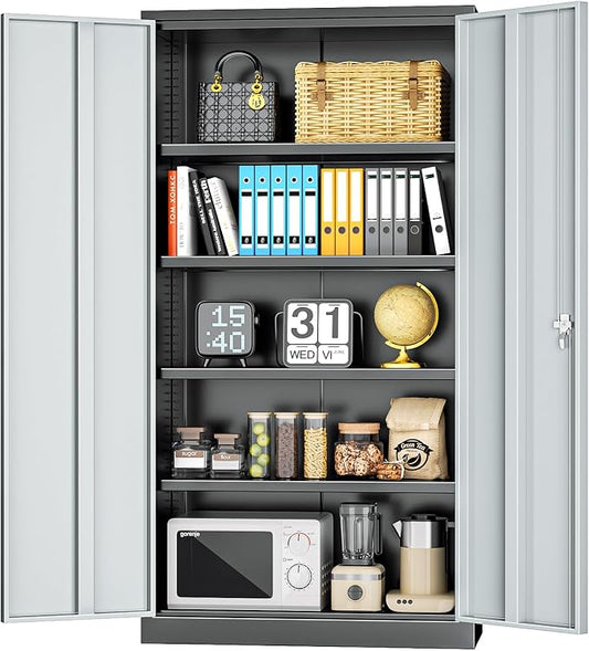 INTERGREAT Metal Storage Cabinet, 72” H Storage Cabinet with 2 Doors and 4 Adjustable Shelves for Office, Home, Garage, Pantry (Assembly Required, Black Grey)
