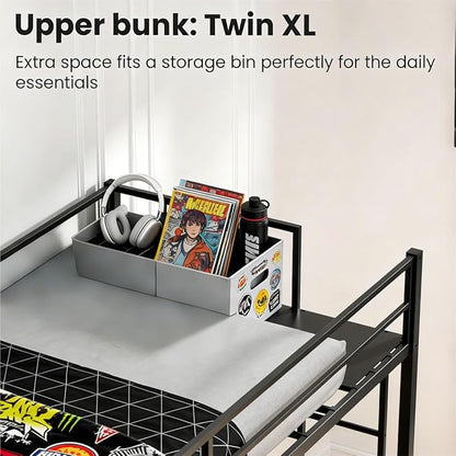 Mixcous Triple Bunk Bed Twin XL Over Twin & Twin, Heavy Duty Metal Bed Convertible to 3 Beds for Teens & Adults, Bunk Bed Frame with Adjustable Ladder, Noise-Free, Ideal for Space-Saving Needs, Black | Converts to 3 beds