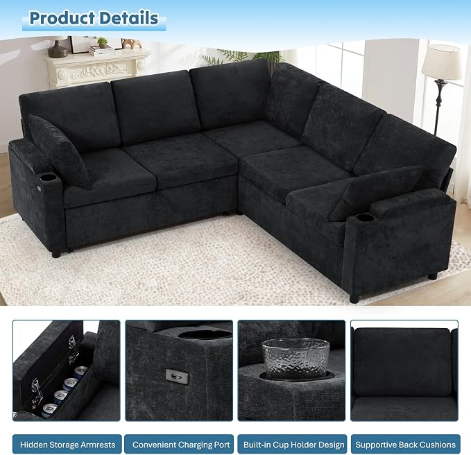 85" Chenille Sectional Sofa w/Pull Out Bed & Storage Space, Black | Upholstery L Shaped Couch w/Cup Holders, Modern Corner Sofa w/USB Charging Port & Throw Pillow for Living Room