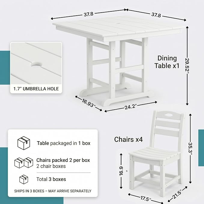 Elountik Outdoor Dining Set for 4, 5-Piece White HDPE Patio Furniture with Square Table and Chairs, Umbrella Hole