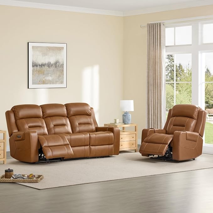 Watson & Whitely Genuine Leather Power Reclining Sofa, 3-Seater Lay Flat Recliner Sofa with Power Headrest, Cup Holders, USB & Type-C Ports, Electric Reclining Couch for Living Room, Saddle Brown