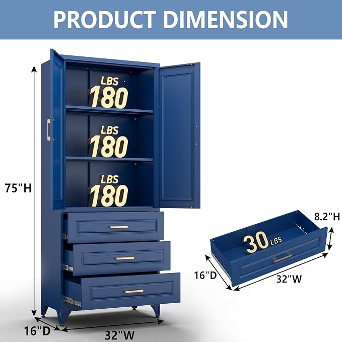 Polup Metal Storage Cabinet,75" Tall Kitchen Pantry Storage Cabinet with Doors and Adjustable Shelves, Blue Metal Pantry Cabinets with 3 Drawers, Large Cupboard for Dining Living Room, Bathroom