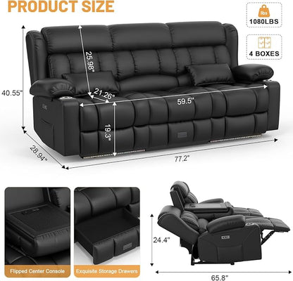 Dresegmt Power Loveseat Recliner Sofa, Zero Wall Hugger RV Reclining Loveseat Couch with Flip Middle Backrest Design, 3 Seat Reclining Sofa with Storage Drawer, Power Recliner for Living Room (Black)